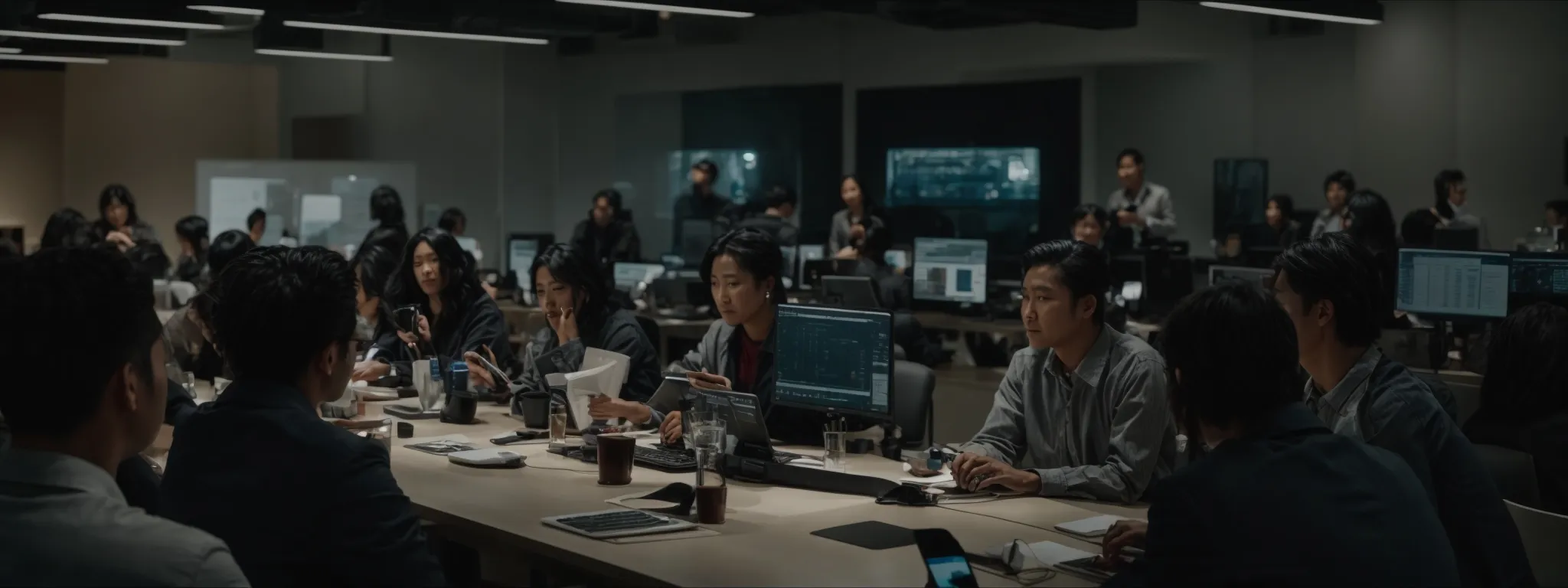 a diverse group of professionals collaborating around a large table with multiple laptops and digital devices, each person intently focused on their own screen.