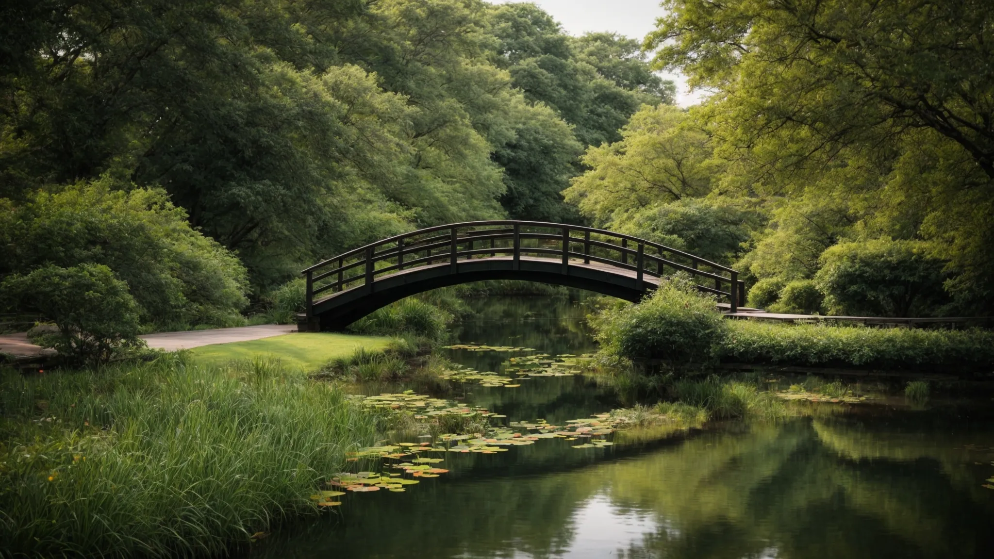 a footbridge meanders over a tranquil pond in a lush, secluded city park.