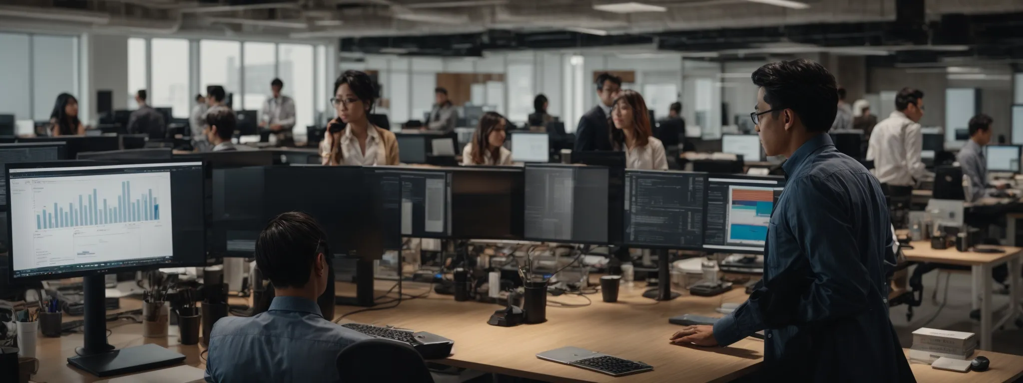 a bustling digital marketing office with diverse professionals intently analyzing data on dual-monitor workstations.