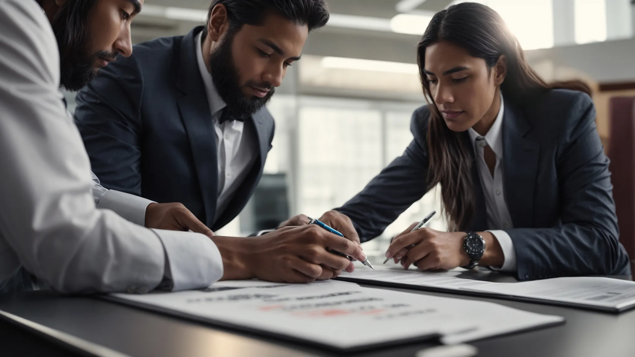 a business meeting with executives reviewing graphs and performance charts.