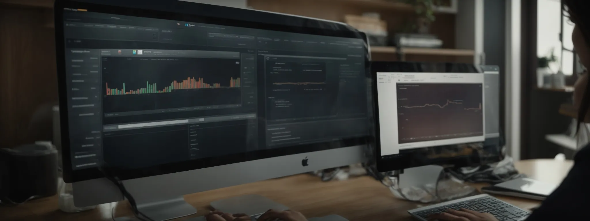 a virtual assistant examines a data-rich dashboard on a computer screen, strategizing for a digital marketing campaign.