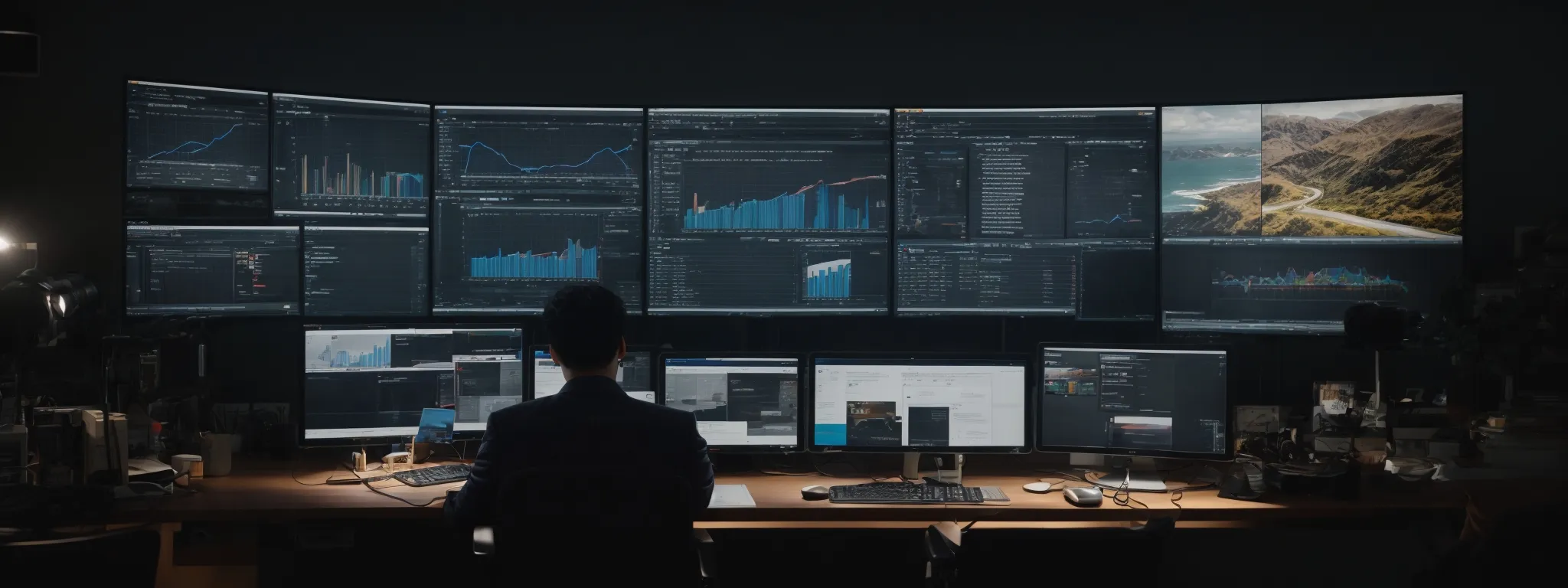 a person sitting at a desk with multiple screens showing an array of social media and website analytics.