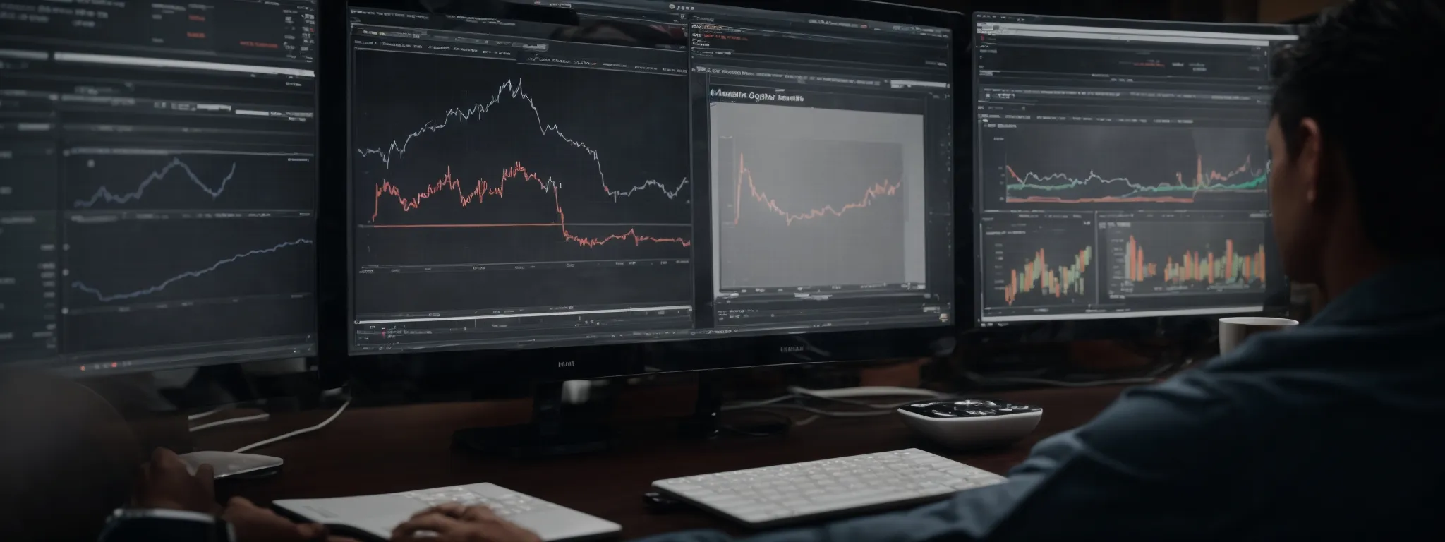 a marketer analyzing graphs and charts on a computer screen, reflecting the performance of various digital ad campaigns.