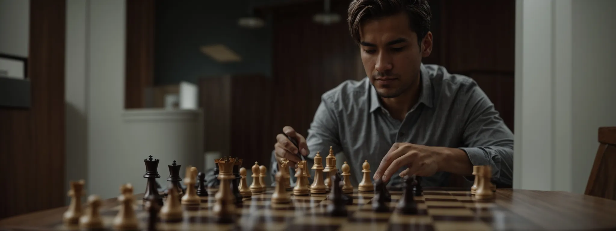 a chess player contemplating a move on a board, symbolizing strategic planning and foresight in seo client acquisition.