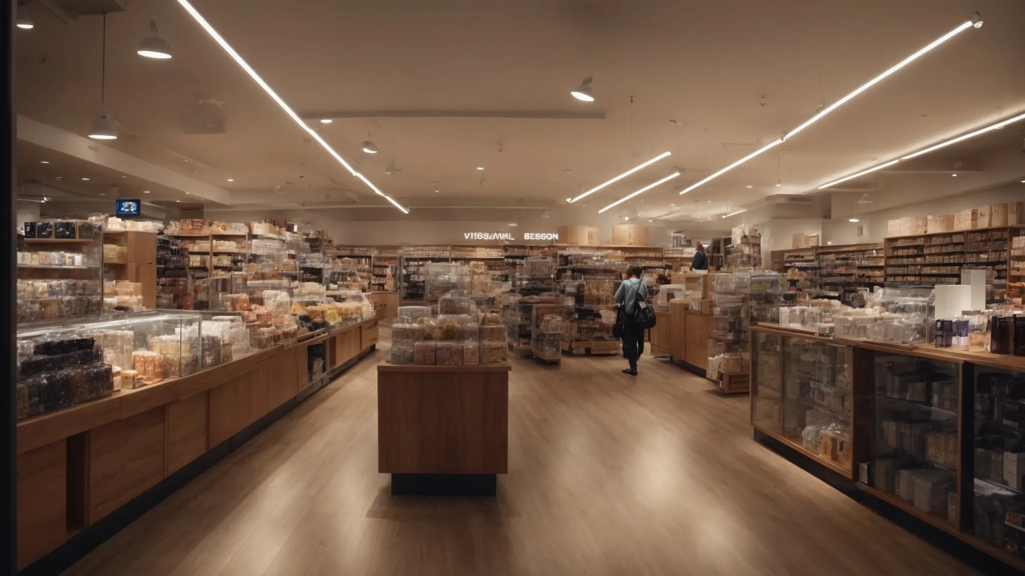 a bustling store with discreet beacon devices nestled among shelves of merchandise, silently communicating with nearby smartphones.