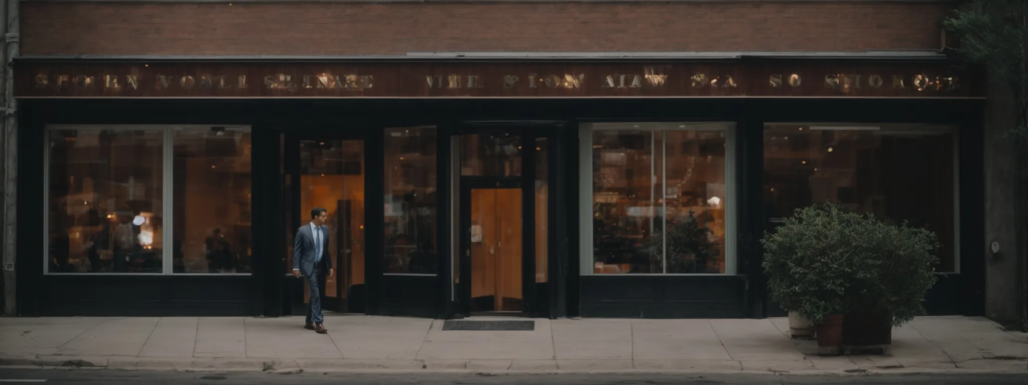 a business executive walks away from a generic seo agency storefront, symbolizing a client's departure due to non-customized strategies.