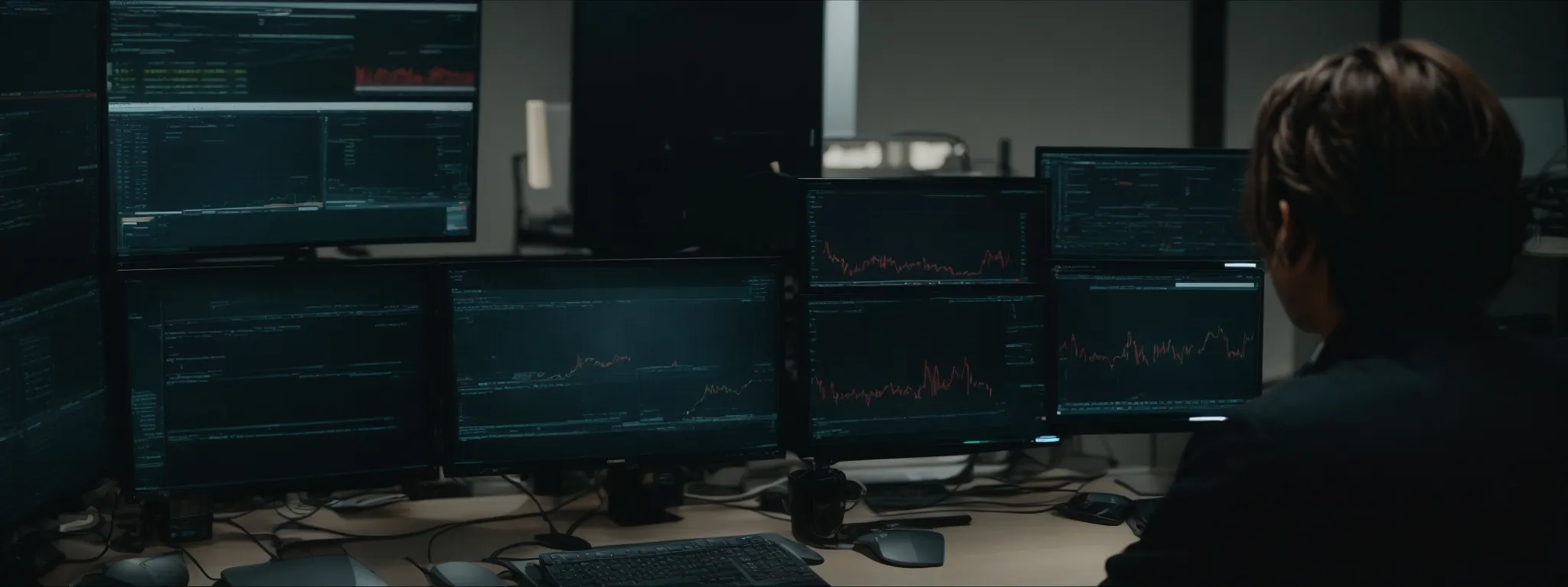 a person at a computer desk, with the screen displaying a web analytics dashboard.