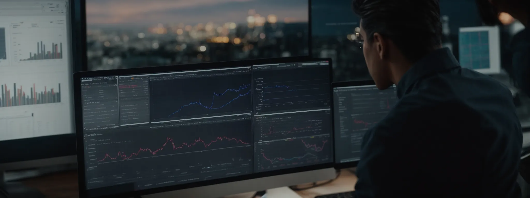 a marketer scrutinizes graphs and charts on a computer screen, optimizing website content.