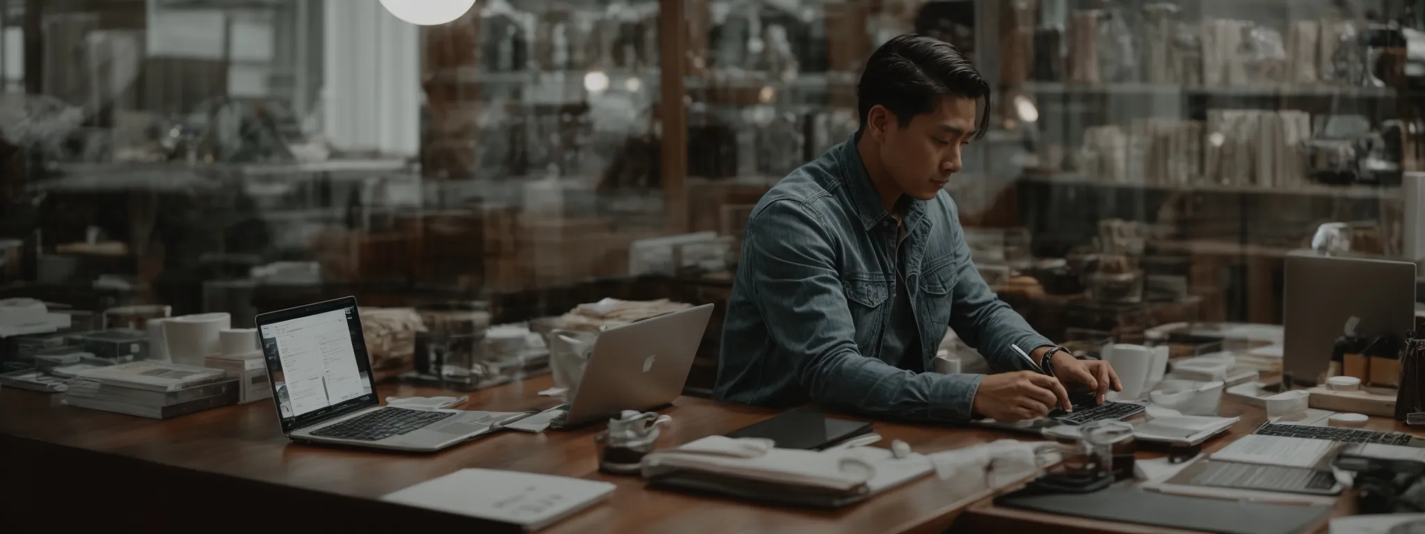 a seller thoughtfully types a polished product description on a laptop, optimizing for seo amidst a neatly organized workspace.