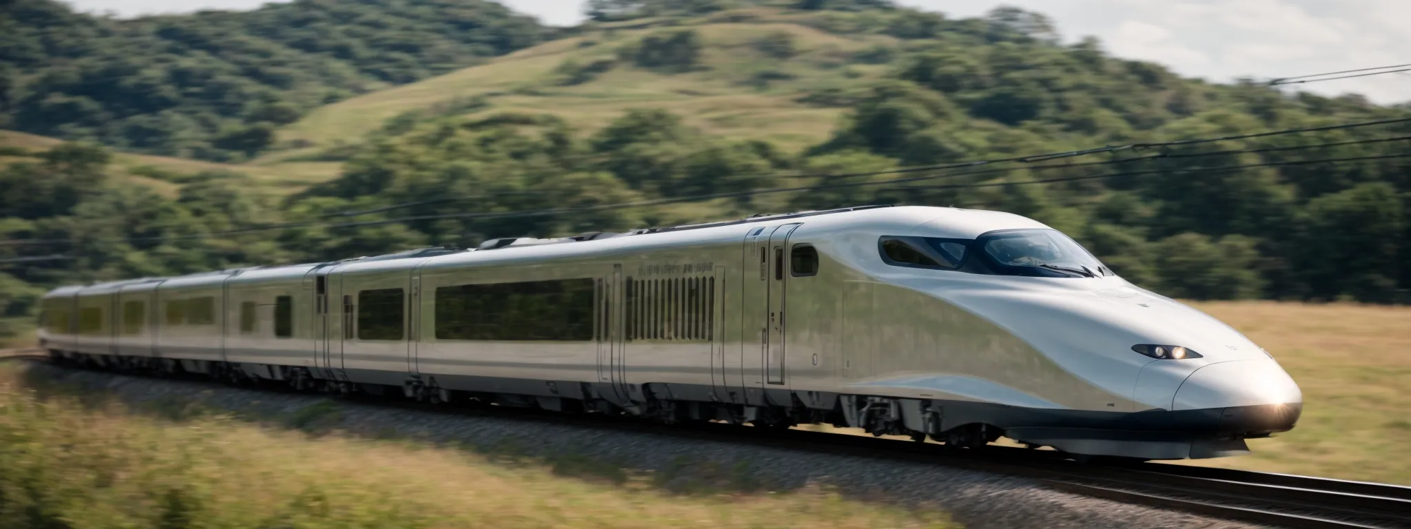 a streamlined bullet train effortlessly slicing through the countryside, embodying cutting-edge velocity.