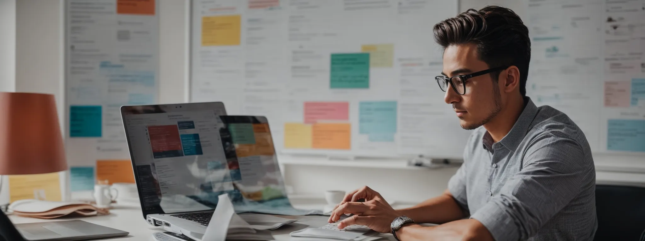 a relaxed professional typing on a laptop, surrounded by marketing and seo strategy books and a whiteboard with colorful flowcharts.