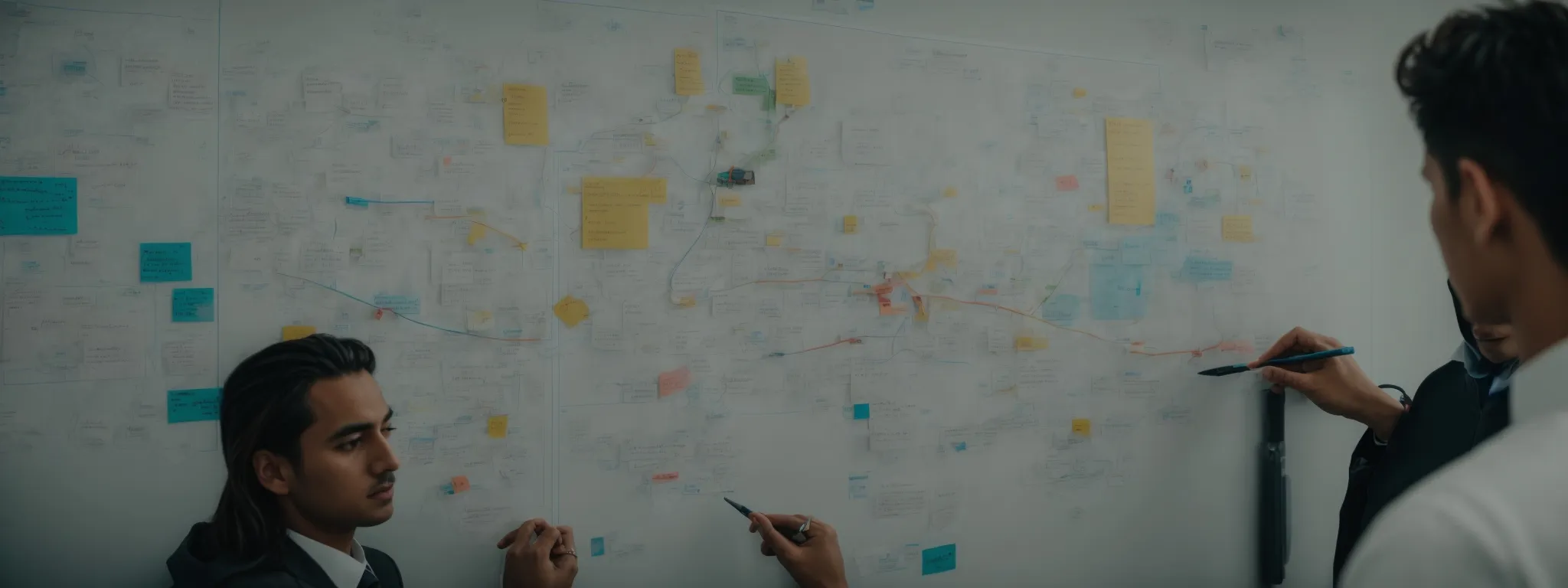 a team analyzes a cluttered and complex diagram on a whiteboard, seeking a clear strategy among the chaos.