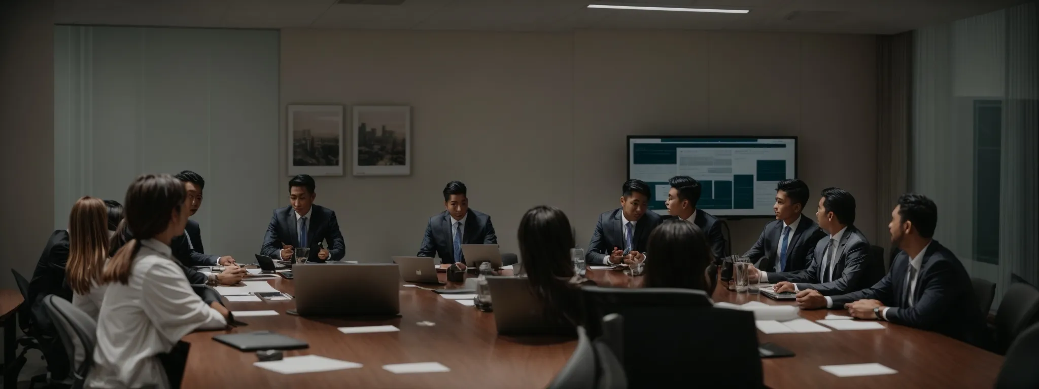 a conference room with marketing professionals discussing around a table with laptops and strategy documents.