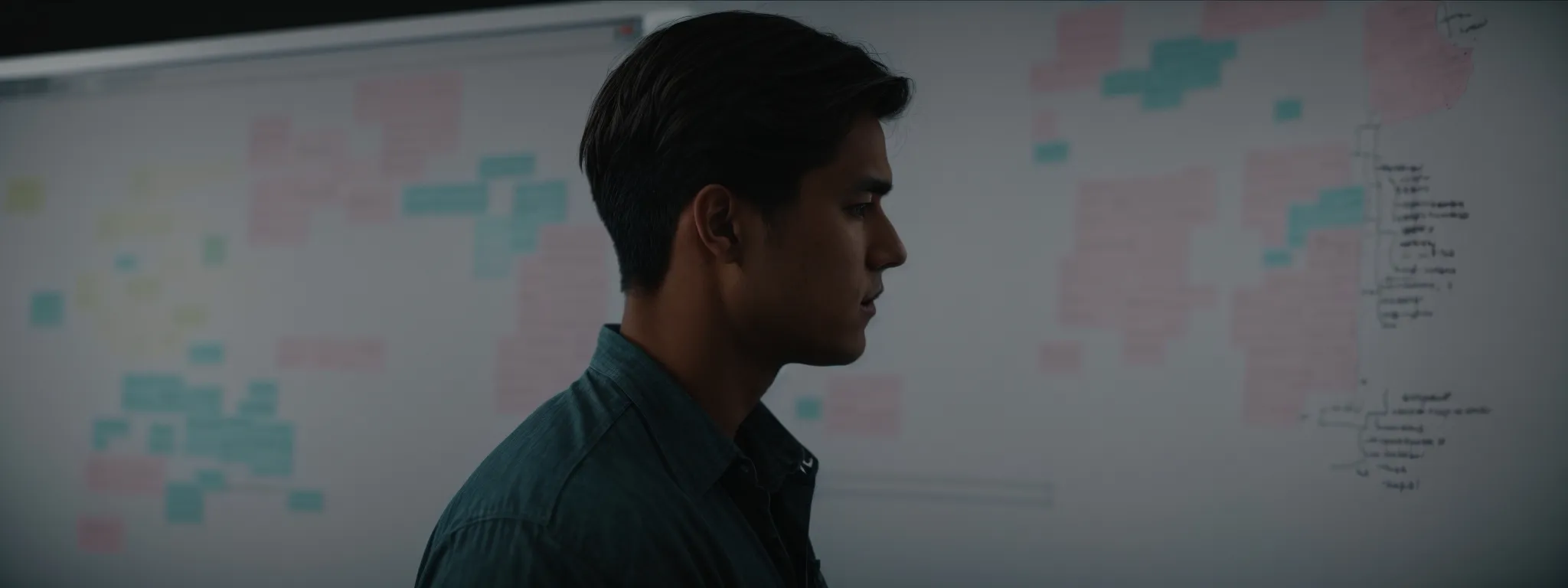 a web developer gazes intently at a large, visible sitemap laid out on a whiteboard, connecting various sections with marker lines.
