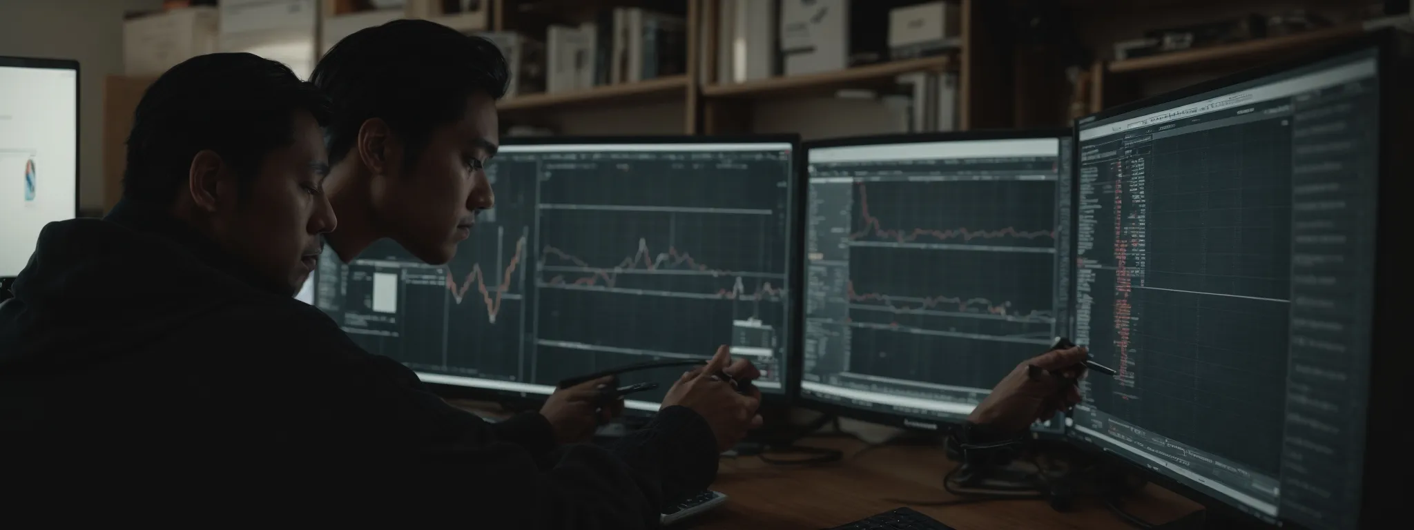 a focused individual studies graphs on a computer screen showing website traffic and engagement metrics.