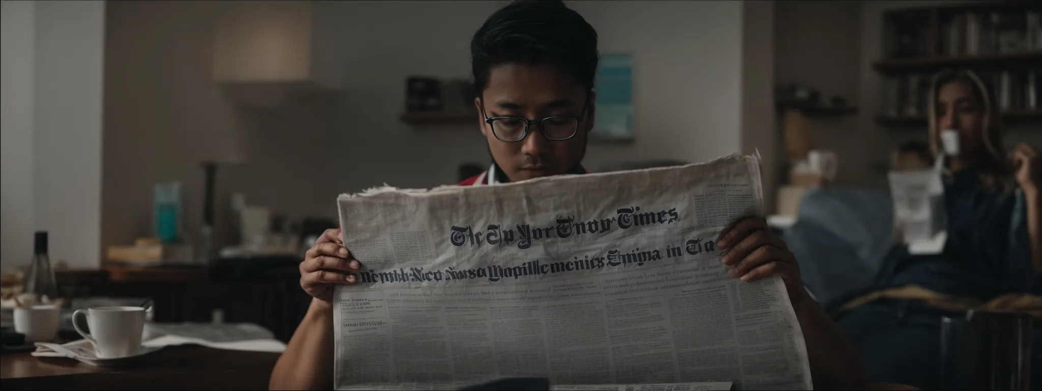 a person reading the new york times newspaper intently, with a clear view of the prominent, well-crafted headlines.