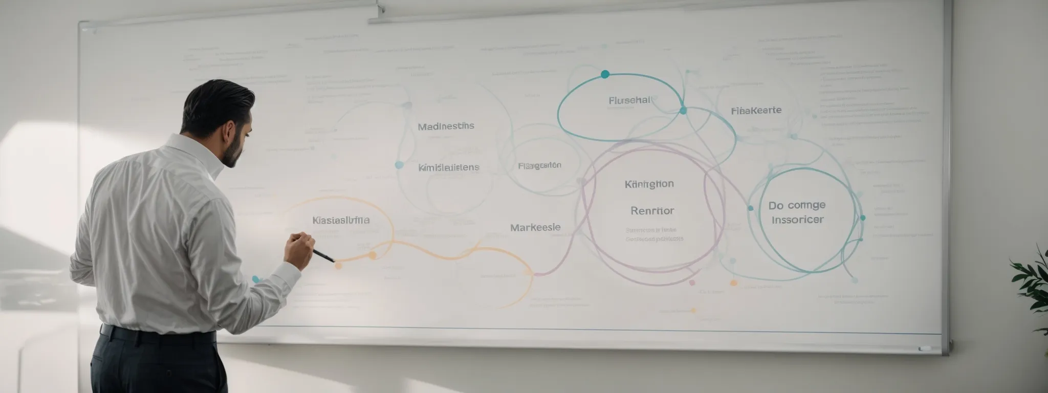 a marketer, poised at a whiteboard, outlines a venn diagram illustrating the intersection of branded and non-branded keywords.