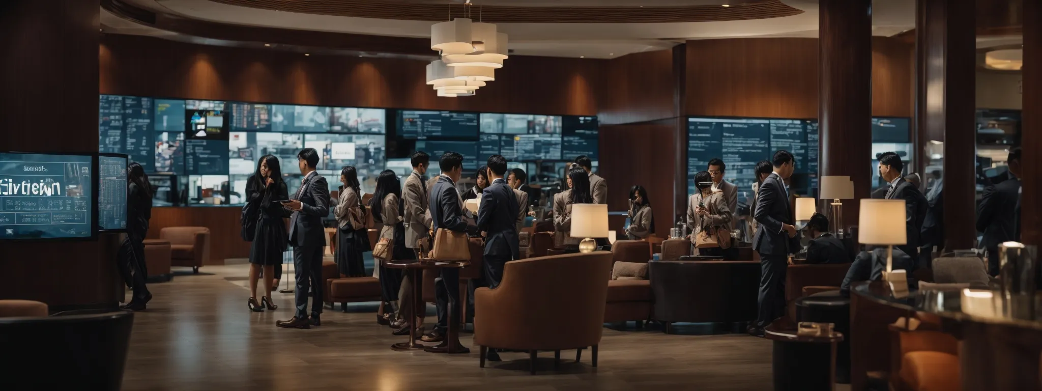 a bustling hotel lobby with guests interacting with tech-savvy staff amidst digital information screens.