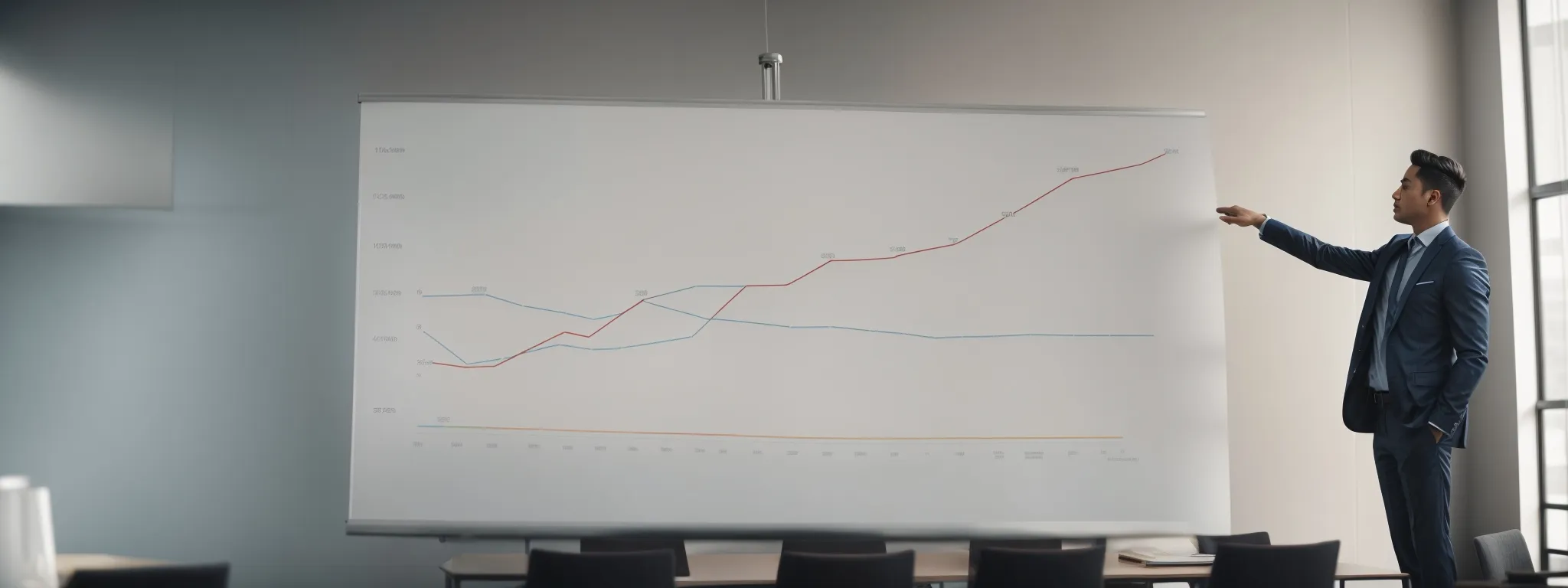 a confident individual points to a vibrant growth chart during a presentation in a modern meeting room.