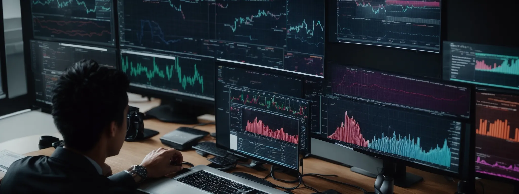 a computer screen displaying colorful graphs and charts related to seo performance with a person analyzing the data for refinement.