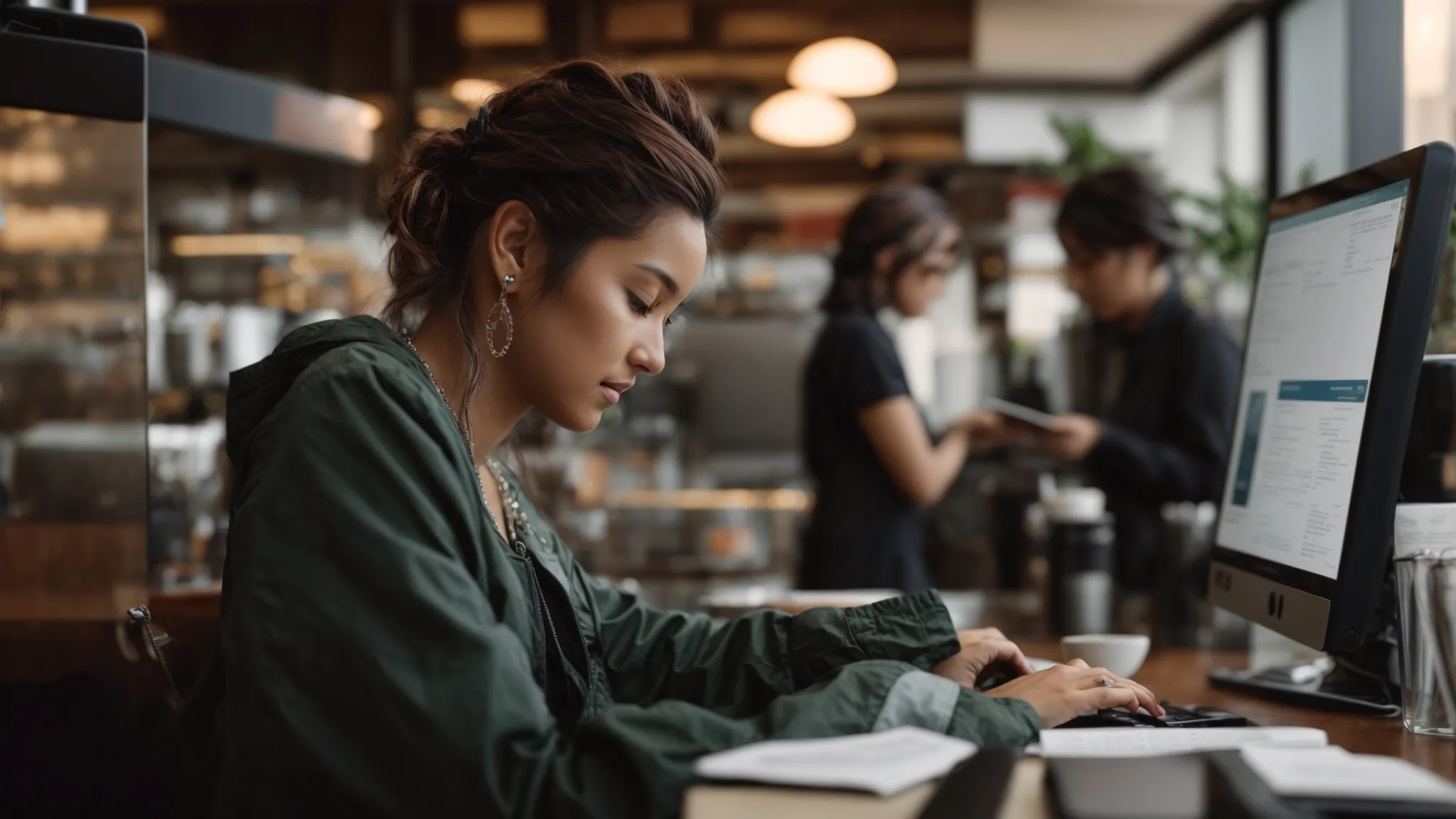 a person updating a business profile on a computer in a bustling cafe.