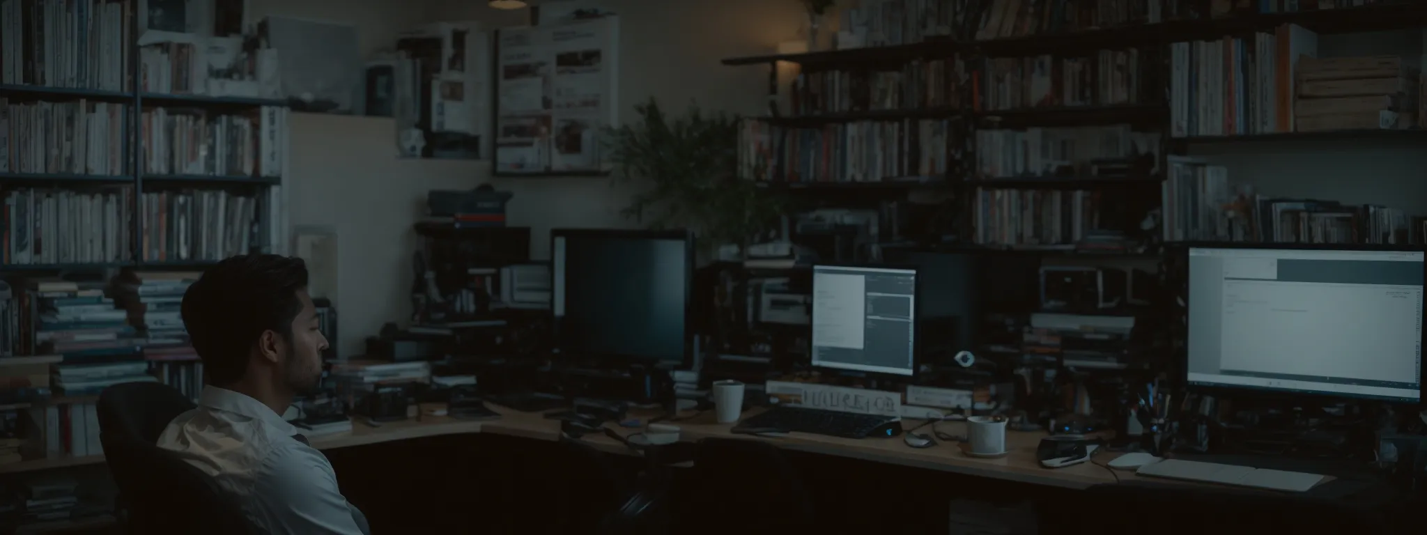 a content creator thoughtfully types on a computer in a tidy, well-lit workspace surrounded by digital marketing reference books.