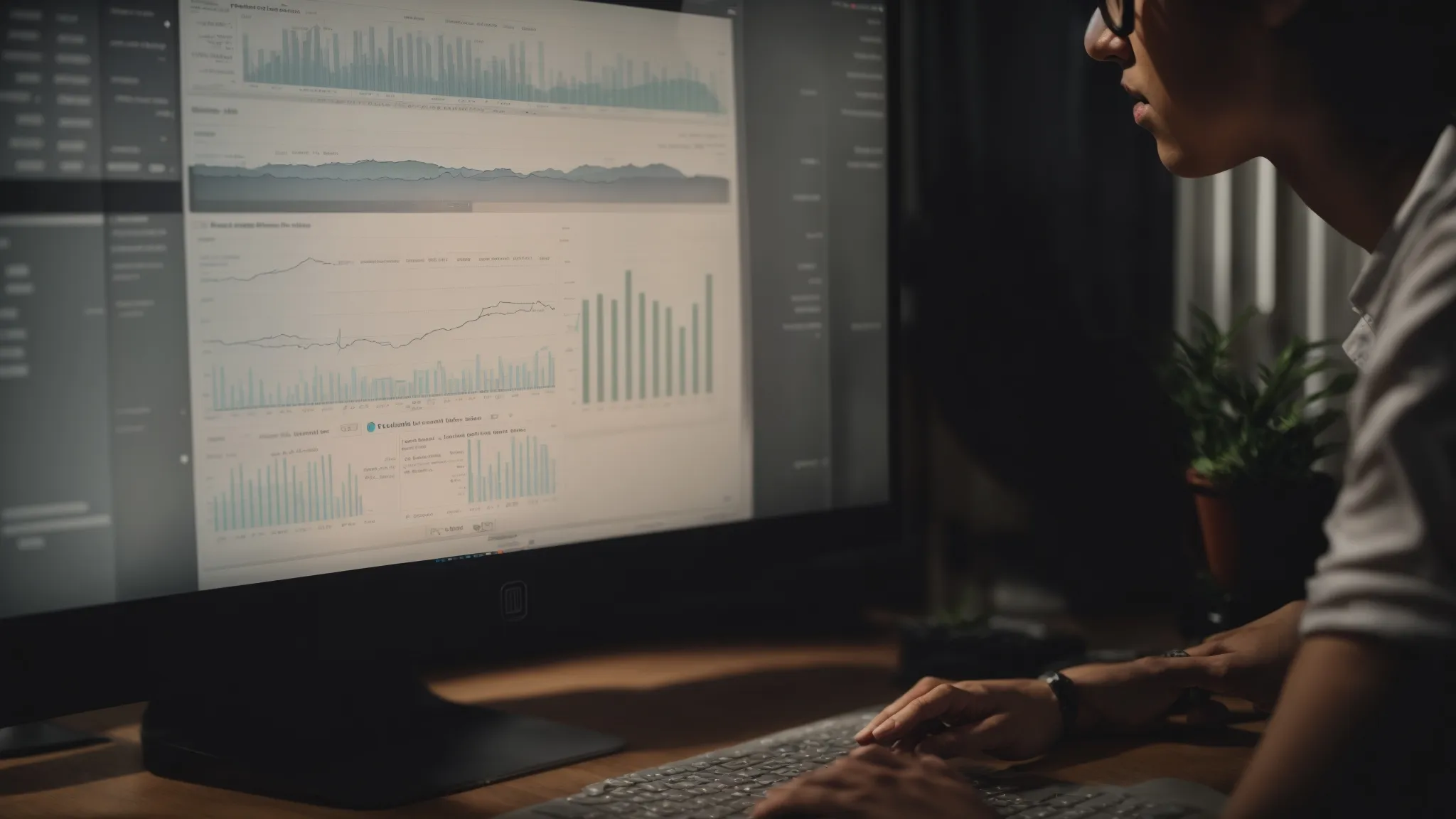 a person examining a graph showing the relationship between social shares and seo rankings on a computer screen.