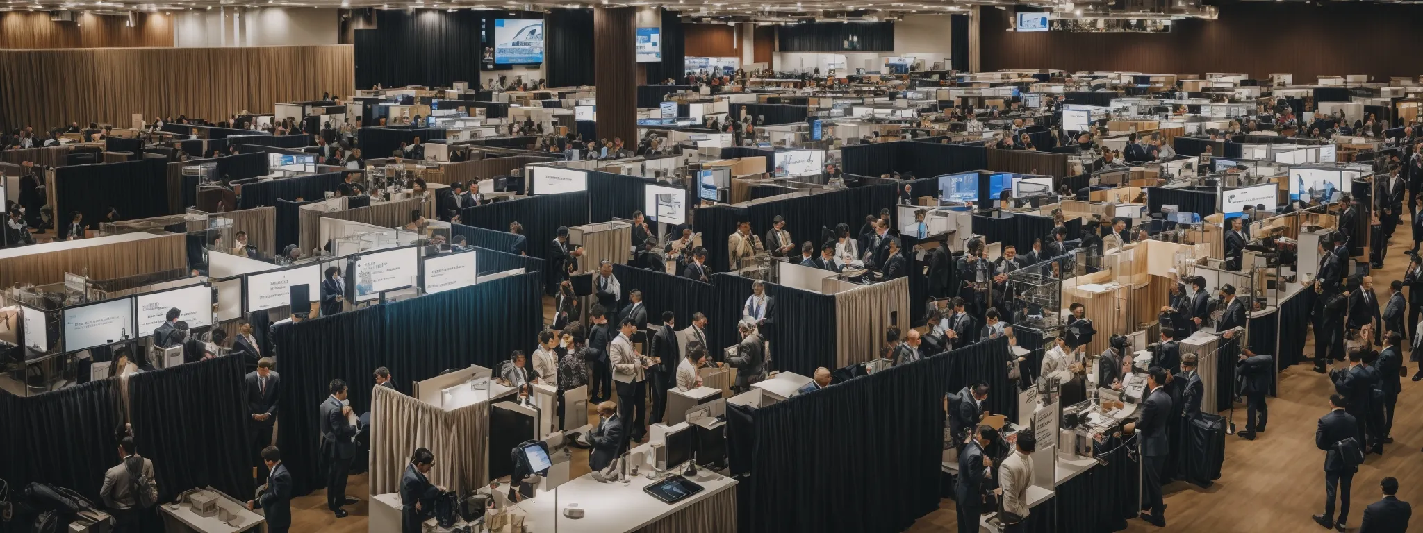 a forward-looking business professional gazes out over a bustling tech job fair, reflecting a world of opportunity in the hunt for seo mastery.