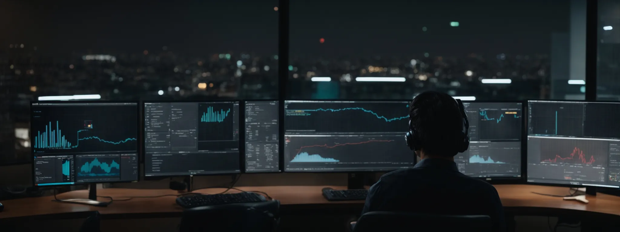 a person seated in front of multiple computer screens viewing analytics while conversing with a voice-activated assistant.