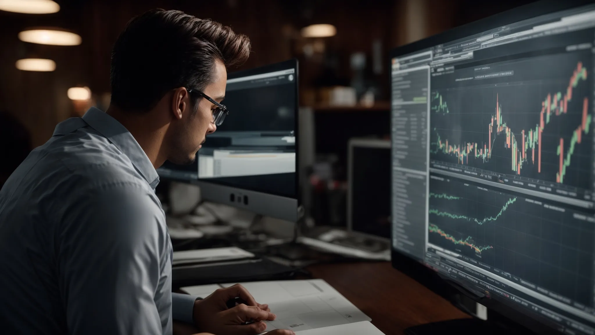 a marketer scrutinizes data on a computer screen displaying search trends and keyword analytics.