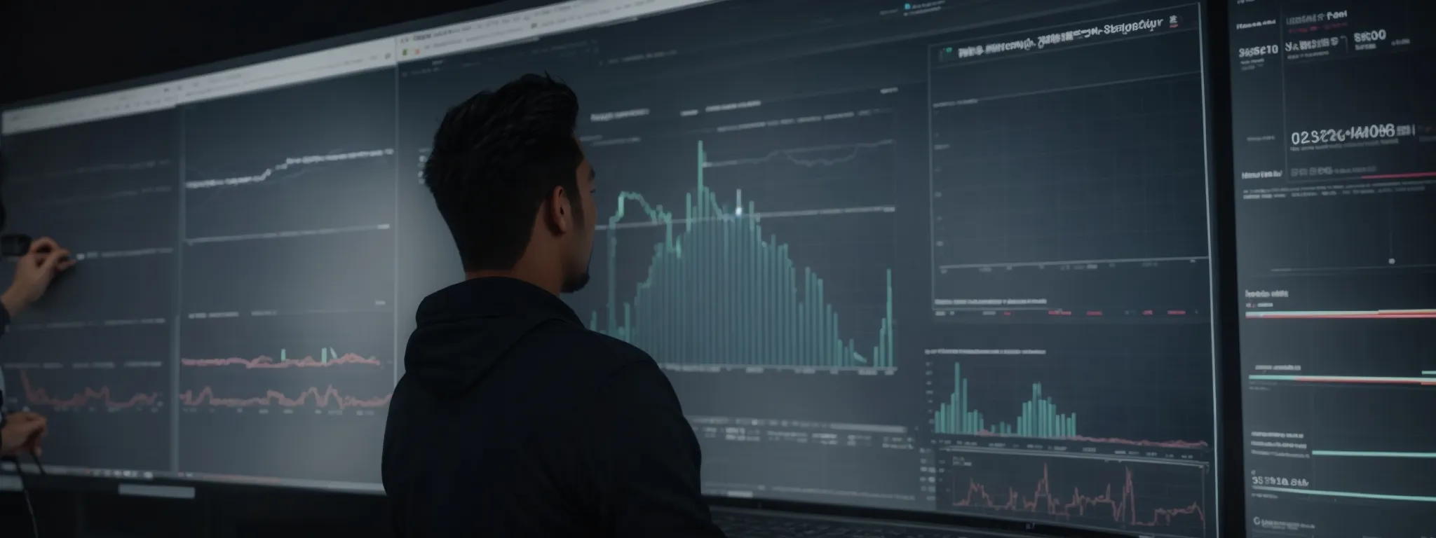 a digital marketer analyzes graphs on a large screen, reflecting the integration of seo and ppc strategies.