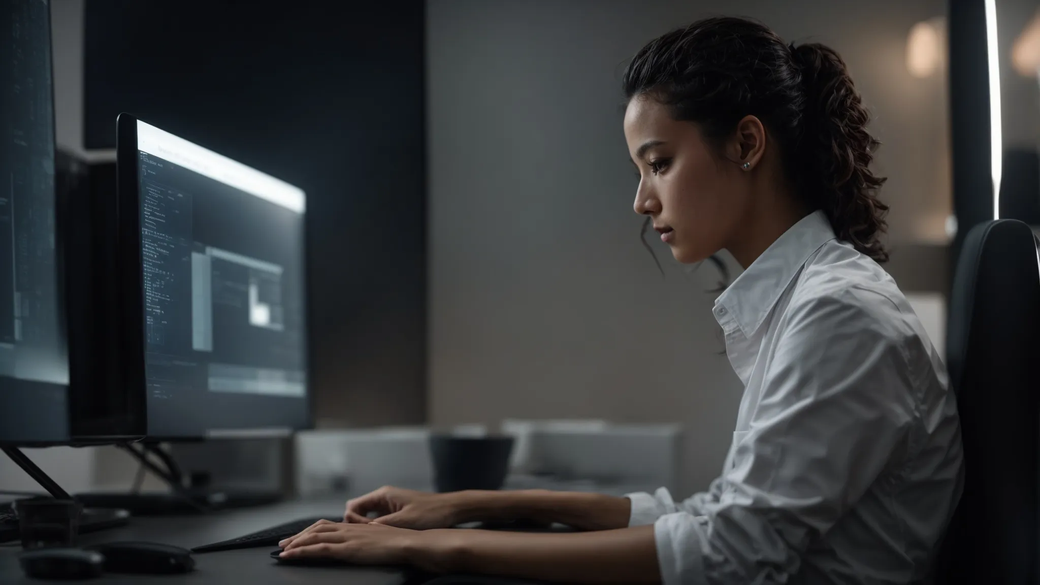 a person sits at a modern computer with an ai symbol on the screen, enhancing a document.