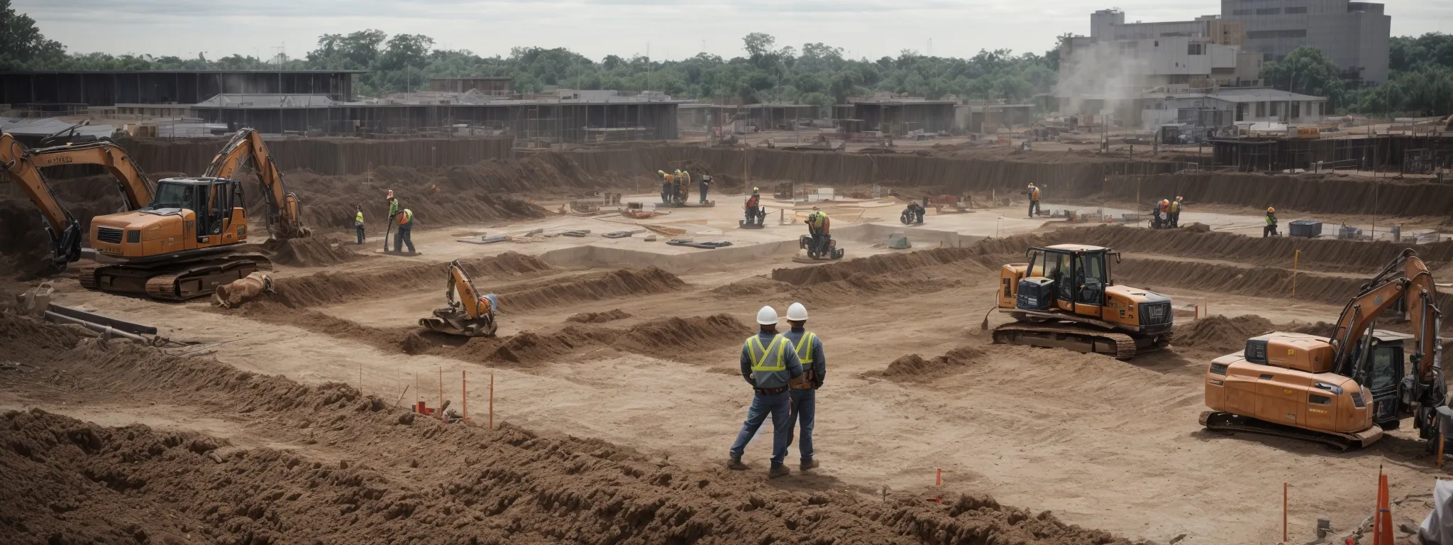 a construction site with workers laying the initial concrete foundation for a new building.