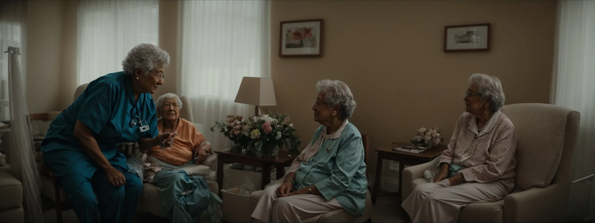 a compassionate nurse interacts with elderly residents in a warm, inviting common area of a nurturing home. 