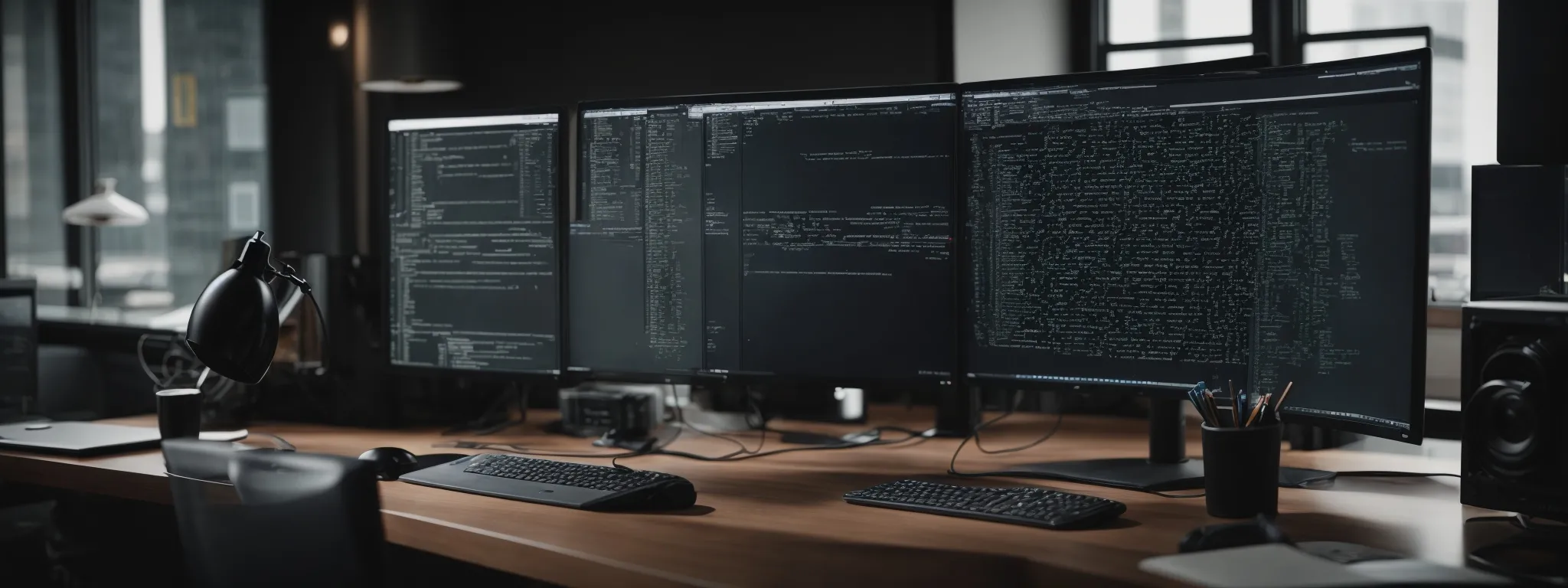 a web developer sits at a spacious desk with dual monitors displaying code and a live website preview, illustrating the seamless integration of isomorphic javascript.