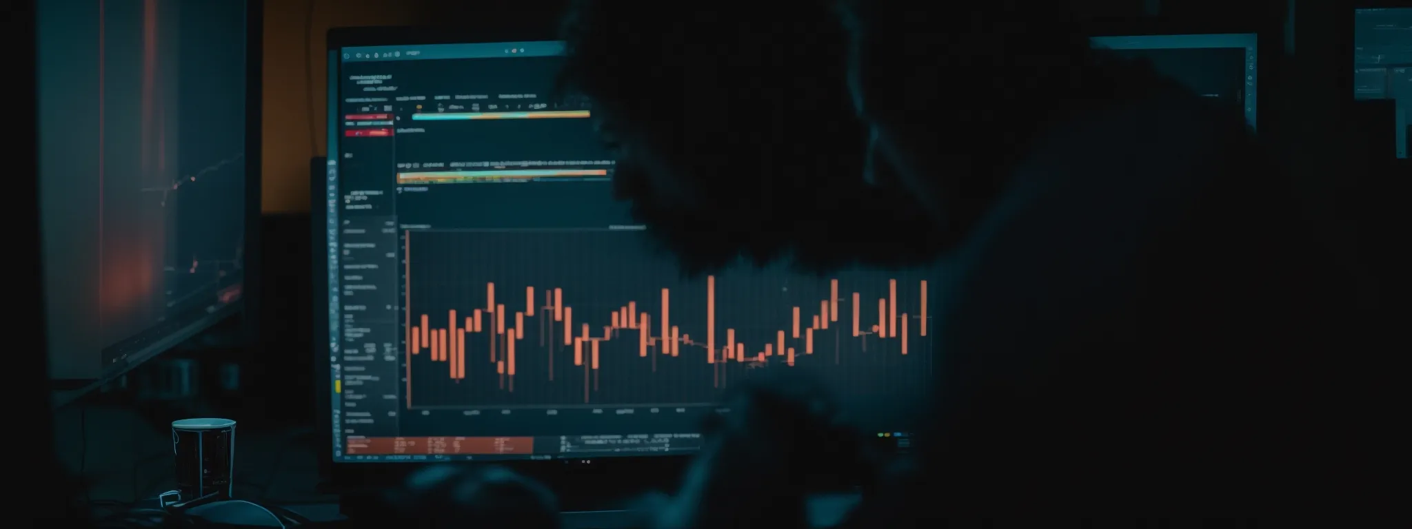 a person analyzing graphs on a computer screen reflecting video performance statistics.