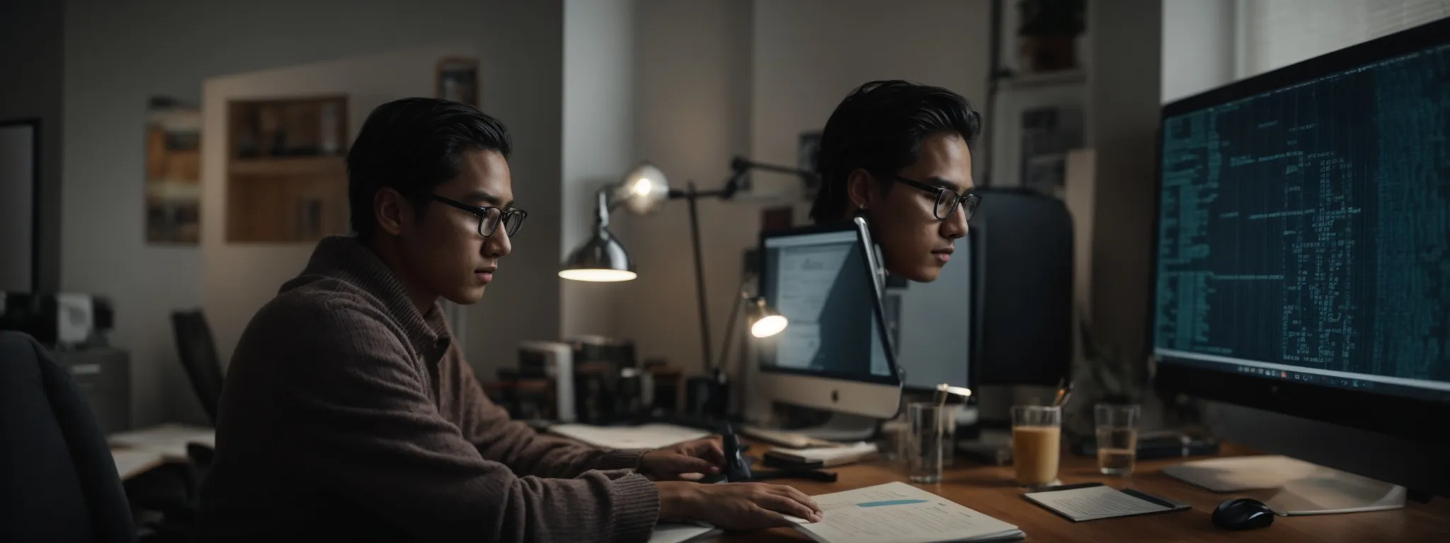 a focused individual sits at a home office, intently studying a book on seo while a computer screen displays a python code editor in the background.