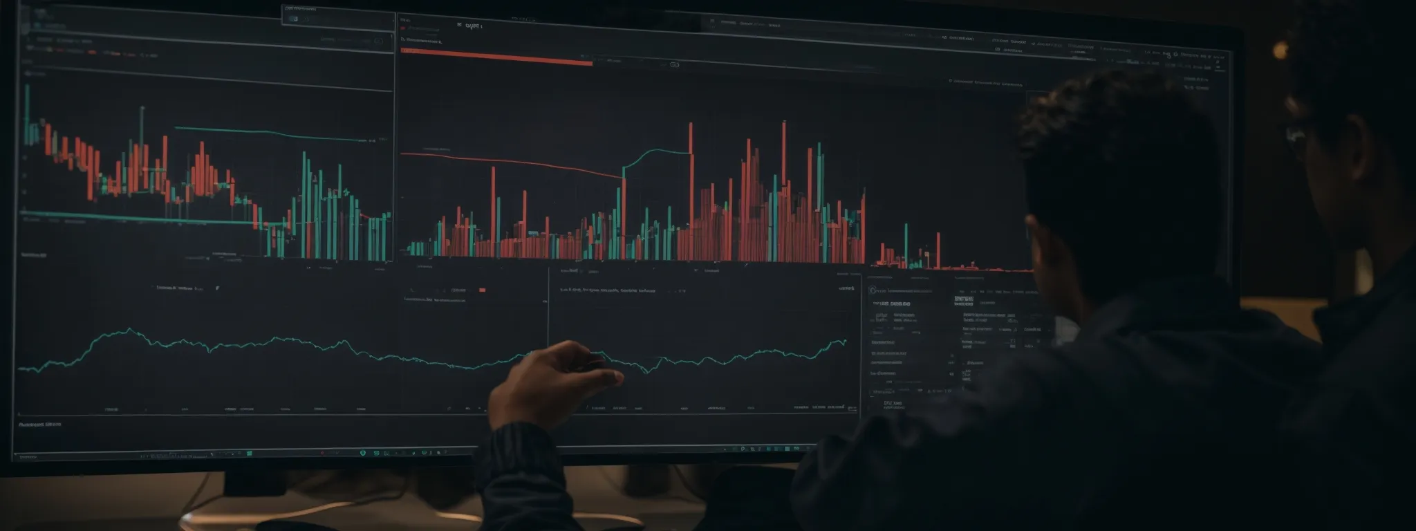 a computer screen displaying analytics data with a person reviewing a graph of website traffic trends.