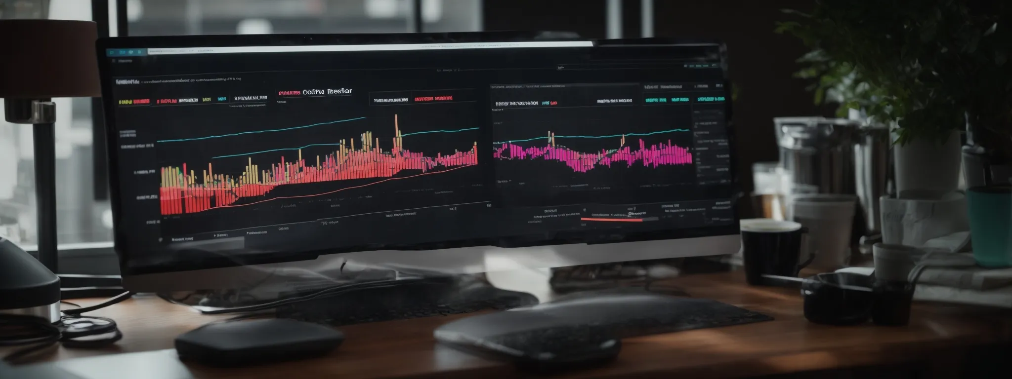 a computer screen displays colorful graphs and metrics from a keyword research tool, while a cup of coffee suggests focused work.