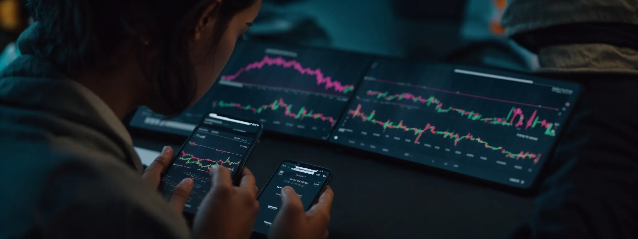 a marketer intently gazes at a smartphone screen displaying colorful graphs and analytics.