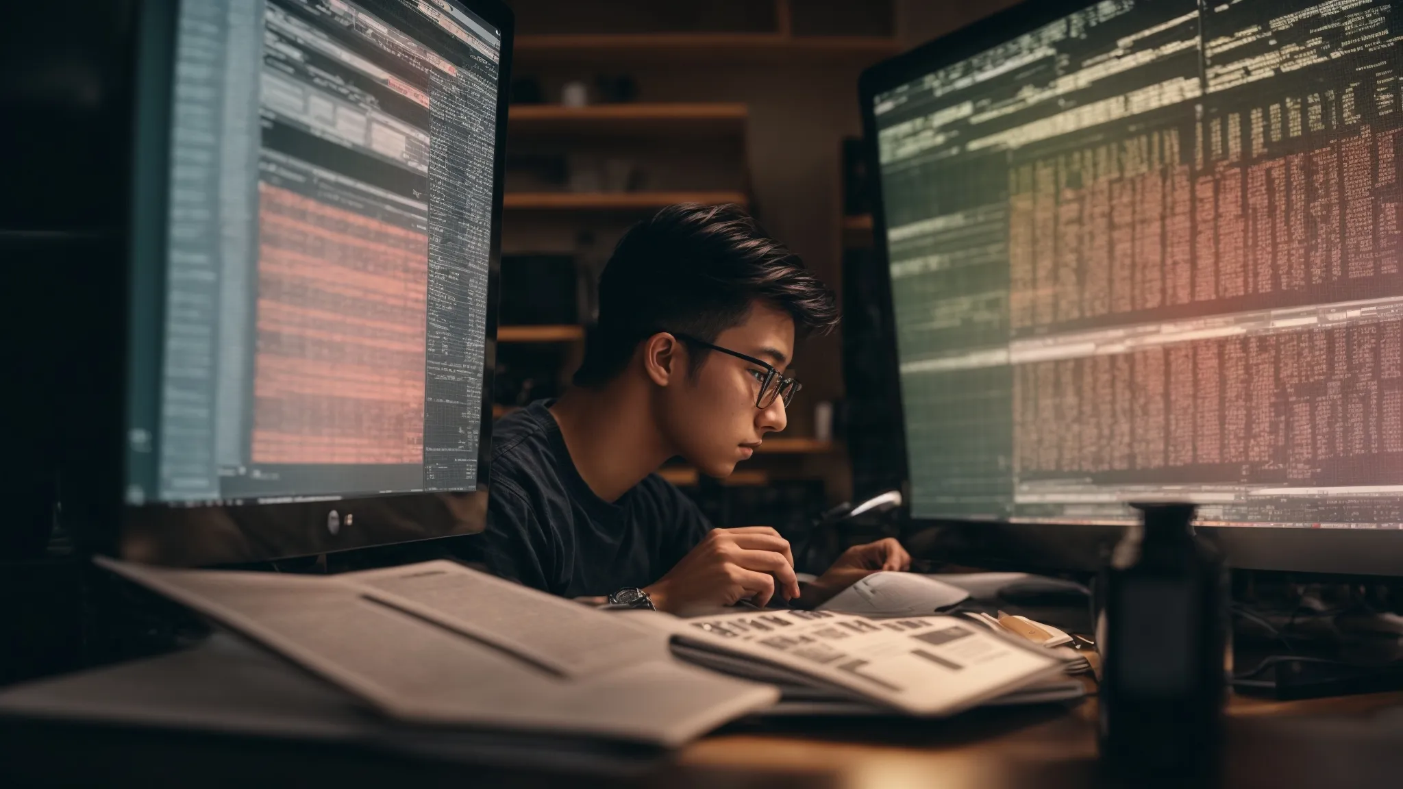 a focused individual intently scrutinizes a computer screen filled with excel spreadsheets, analyzing website data.