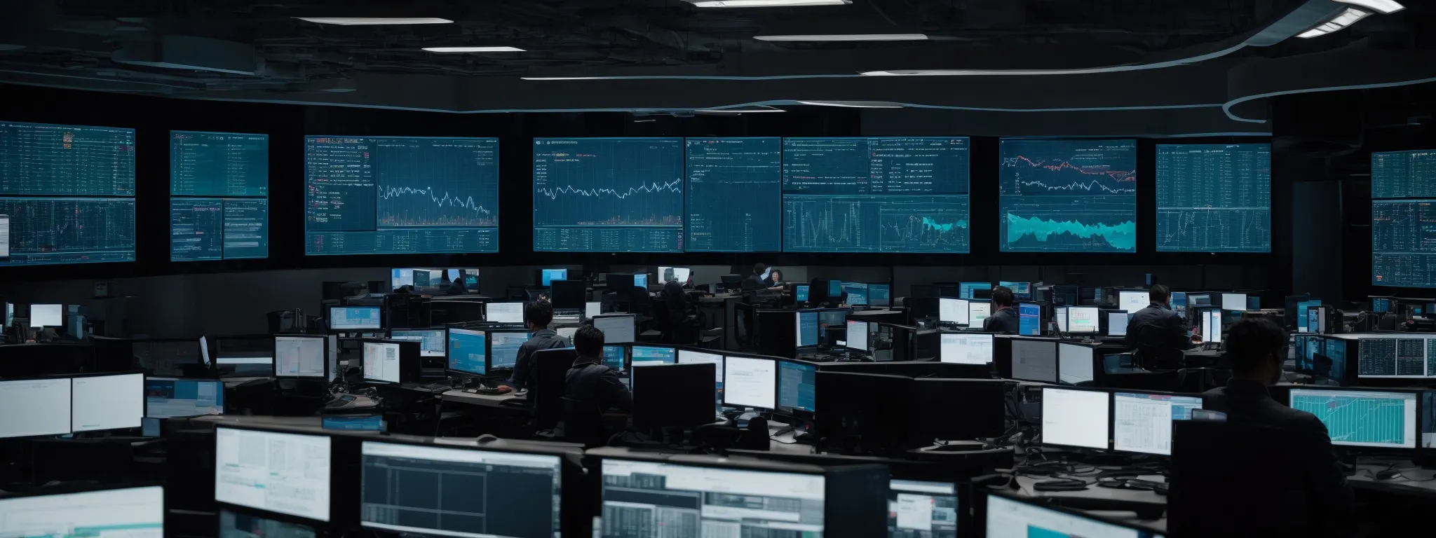 a network operations center with large screens displaying live data analysis amidst a team working at computer stations.