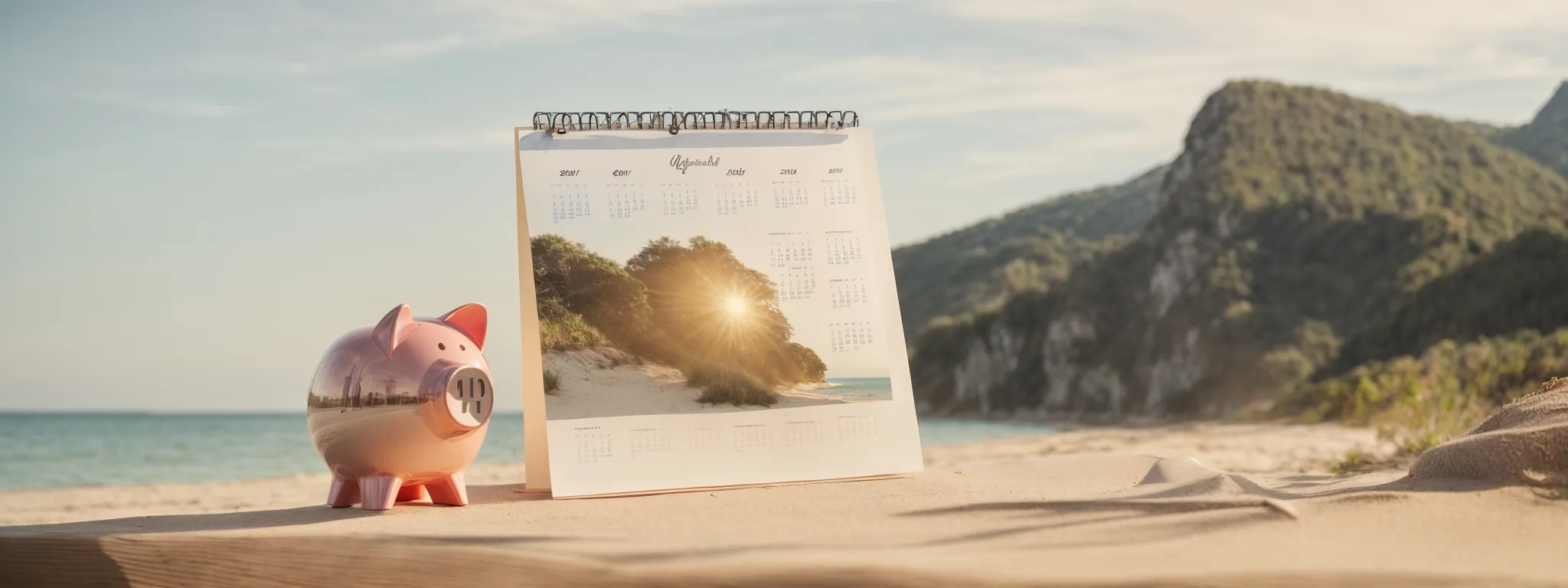 a calendar beside a piggy bank on a table, with a sunny beach landscape in the backdrop.