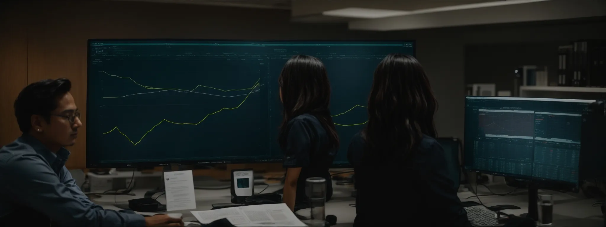 two people in an office examine large graphs on a monitor, discussing seo progress.