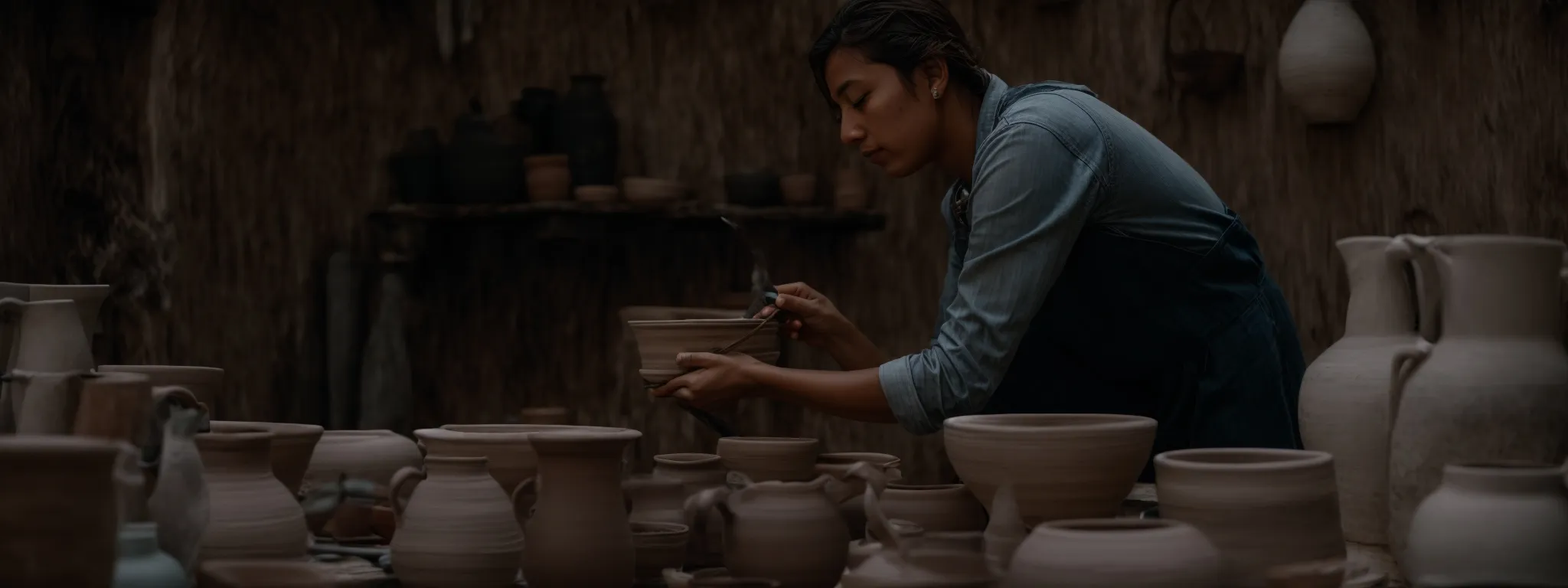 a traveler engages in a pottery workshop with a local artisan in a rustic village setting.