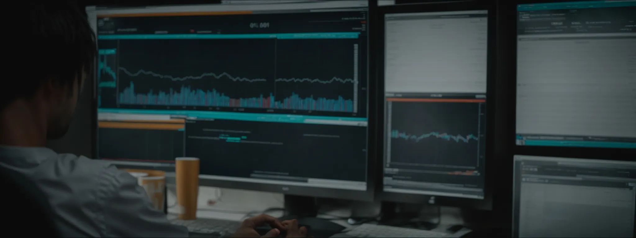 a marketing analyst reviews graphs on a computer dashboard, tracking website performance metrics.