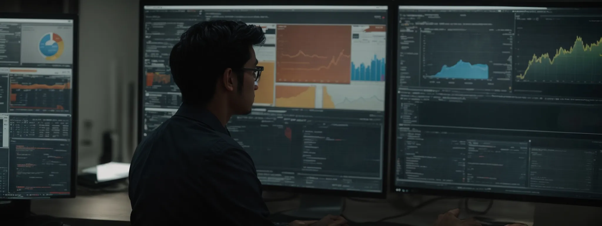 a digital marketer reviews a website's seo performance on a computer screen with various analytics and graphs displayed.