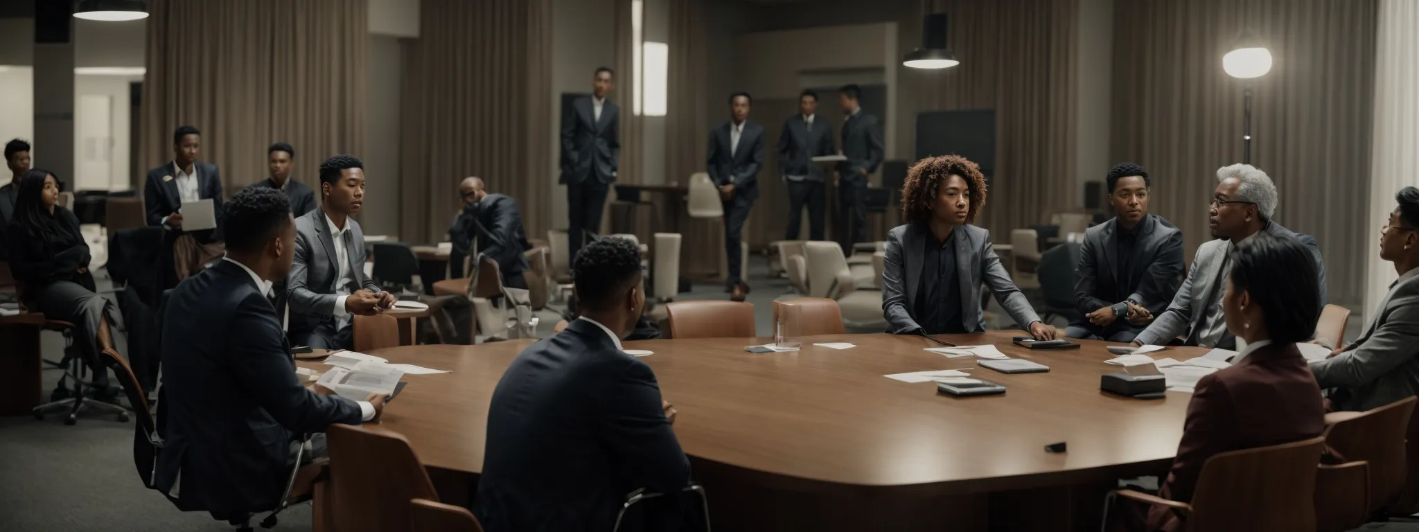 a diverse group of strategists is engaged in a dynamic brainstorming session around a large conference table.