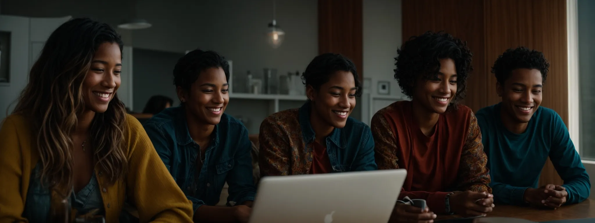 a group of smiling people sitting around a laptop, visibly satisfied as they read from a visible webpage.