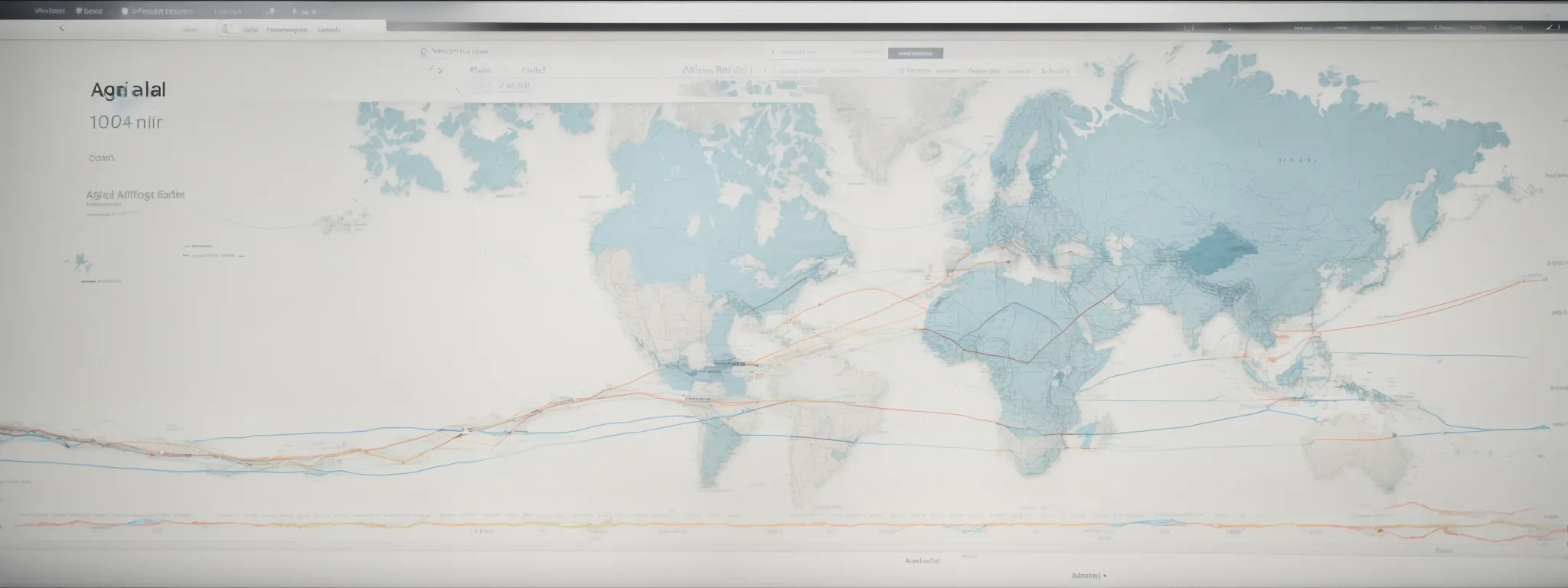 a computer screen displaying a graph of rising seo rankings alongside a world map interconnected with lines.